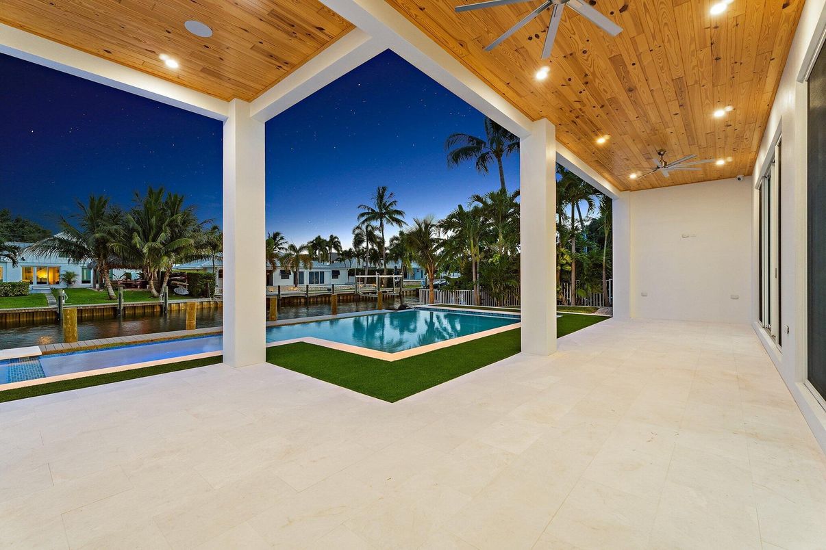 Exterior, Pool, Recessed Lighting, Water, Wooden Ceilings