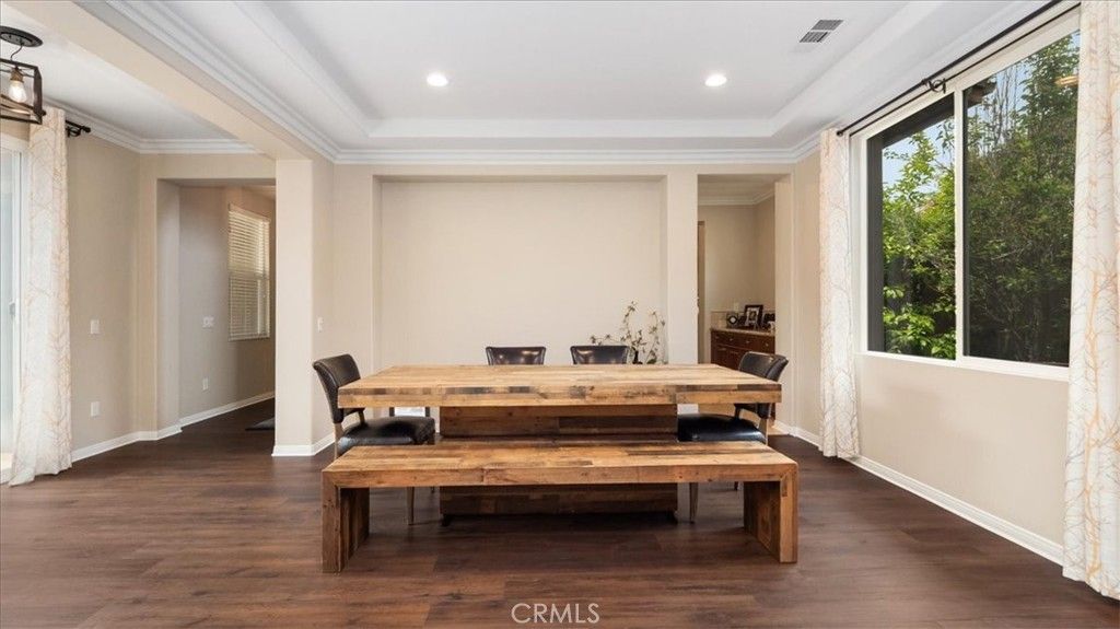 Dining room, Interior, Recessed Lighting, Wood Texture Flooring
