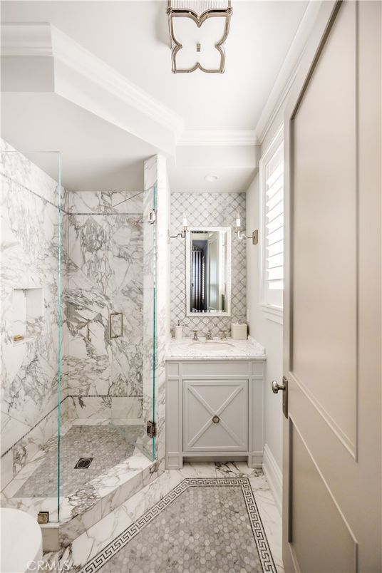 Bathroom, Glass Shower, Interior, Marble Walls, Recessed Lighting
