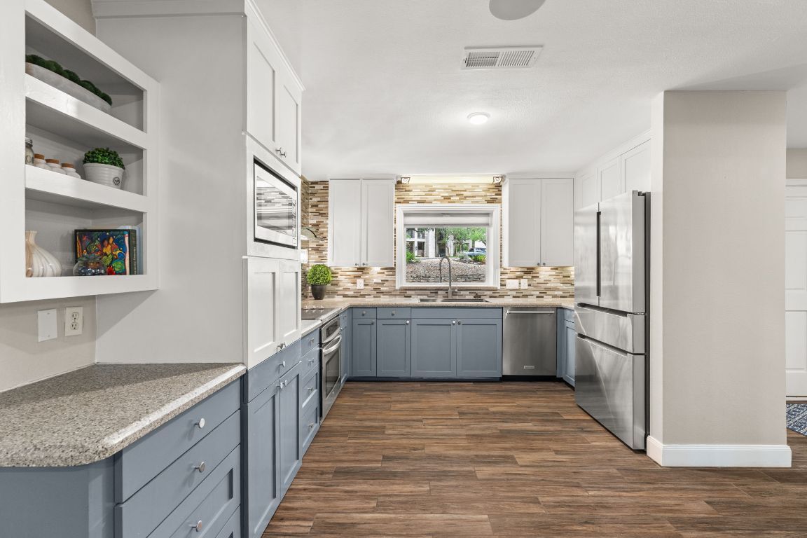 Interior, Kitchen, Recessed Lighting, Stainless Steel Appliances, Wood Texture Flooring