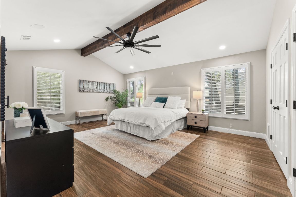 Bedroom, Interior, Recessed Lighting, Wooden Beams, Wood Texture Flooring