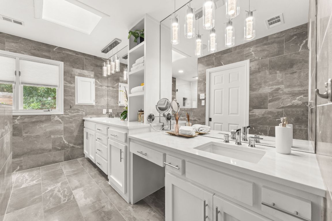 Bathroom, Dual Sink Vanities, Glass Shower, Interior, Pendant Lights, Recessed Lighting