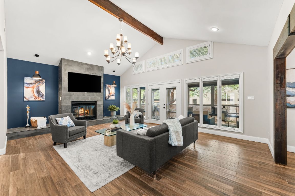 Chandelier, Fireplace, Interior, Living room, Recessed Lighting, Wooden Beams, Wood Texture Flooring