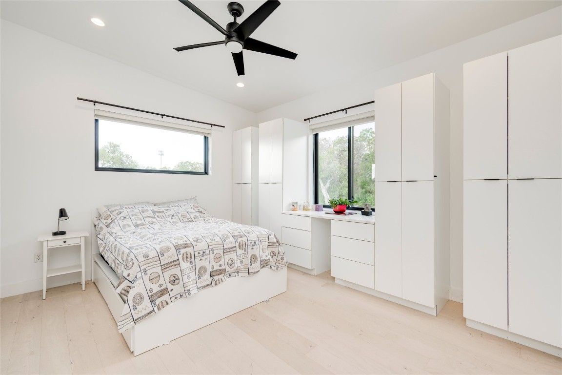 Bedroom, Interior, Recessed Lighting, Wood Texture Flooring