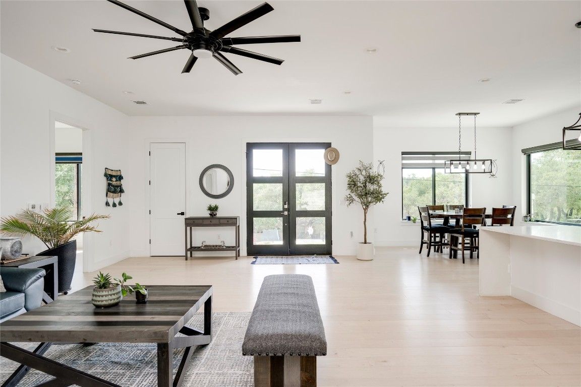 Dining room, Interior, Pendant Lights, Recessed Lighting, Wood Texture Flooring