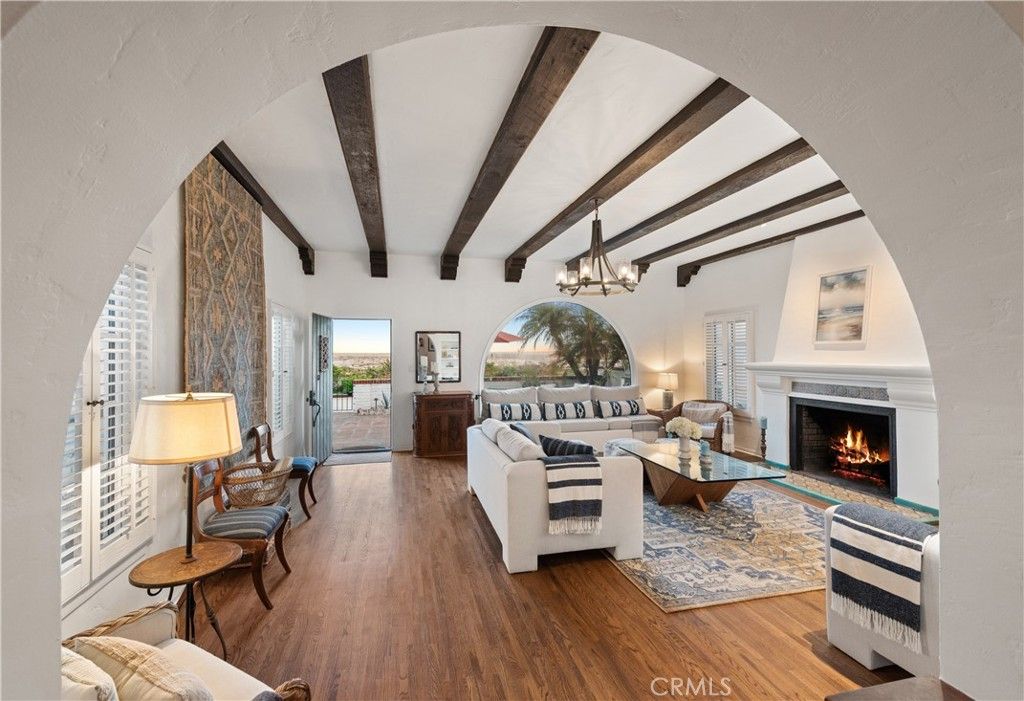 Chandelier, Fireplace, Interior, Living room, Wooden Beams, Wood Texture Flooring