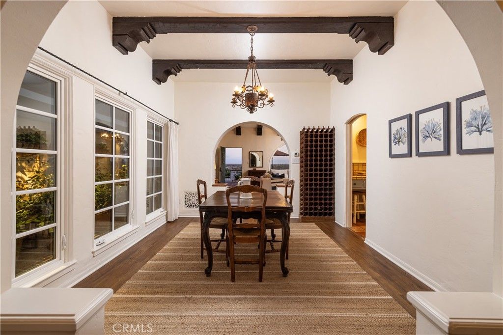 Chandelier, Dining room, Interior, Wooden Beams, Wood Texture Flooring