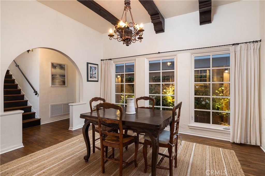 Chandelier, Dining room, Interior, Wooden Beams, Wood Texture Flooring