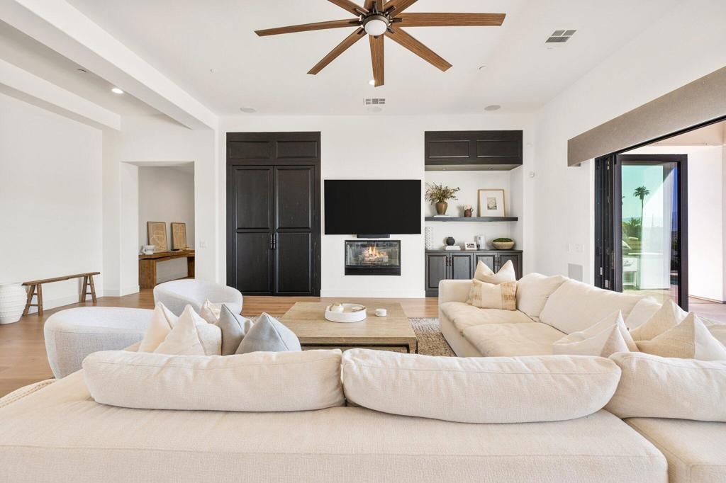 Fireplace, Interior, Living room, Recessed Lighting, Wood Texture Flooring