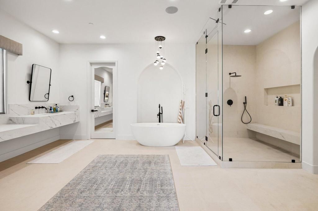 Bathroom, Dual Sink Vanities, Free Standing Baths, Glass Shower, Interior, Pendant Lights, Recessed Lighting