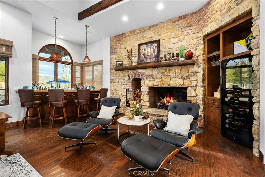 Fireplace, Interior, Pendant Lights, Recessed Lighting, Stone Walls, Wooden Beams, Wood Texture Flooring