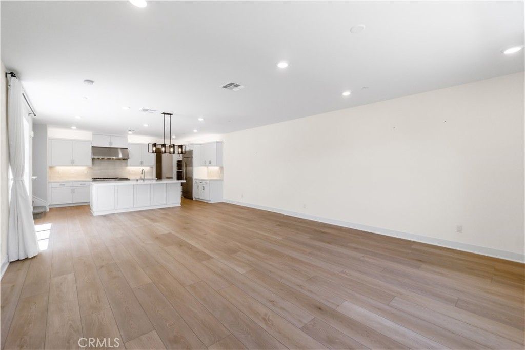 Empty room, Interior, Kitchen, Pendant Lights, Recessed Lighting, Wood Texture Flooring
