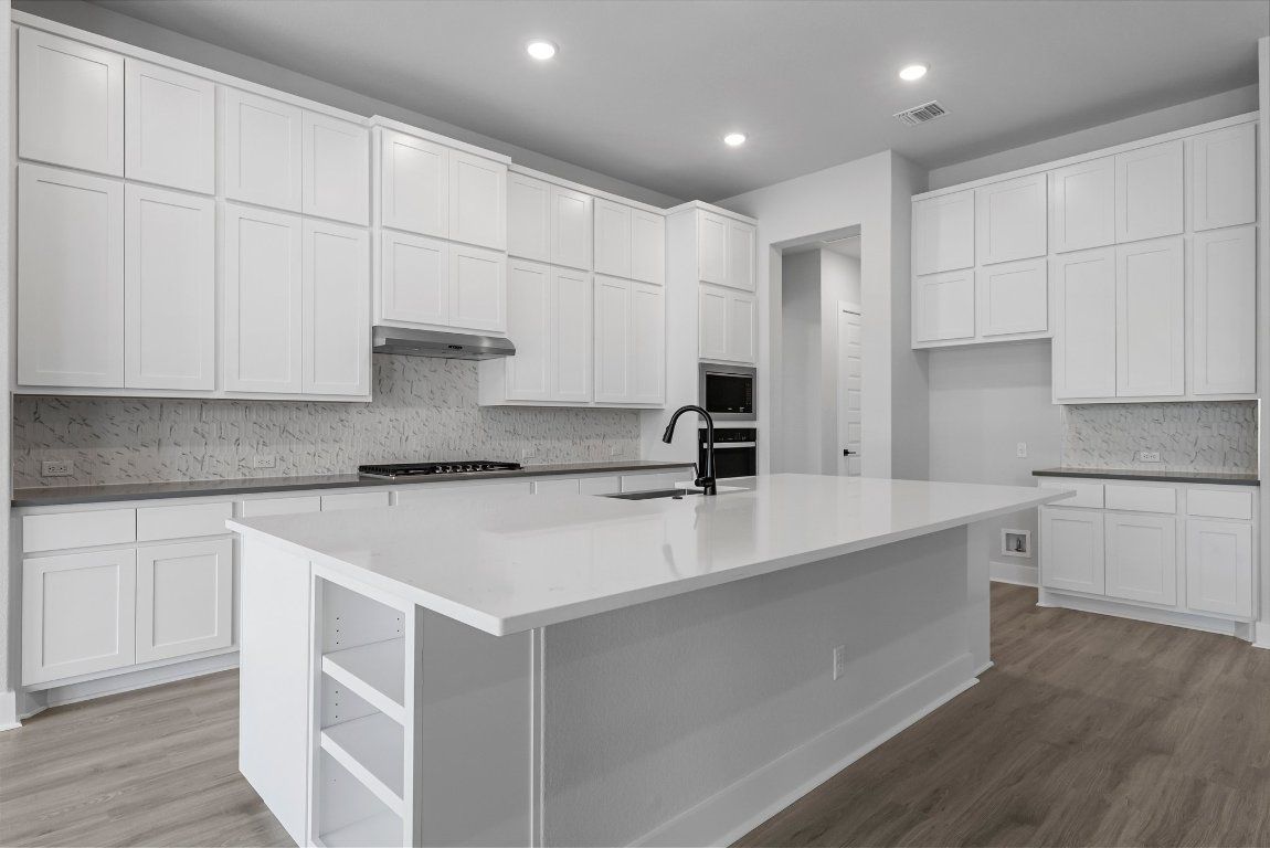 Interior, Kitchen, Marble Walls, Recessed Lighting, Wood Texture Flooring
