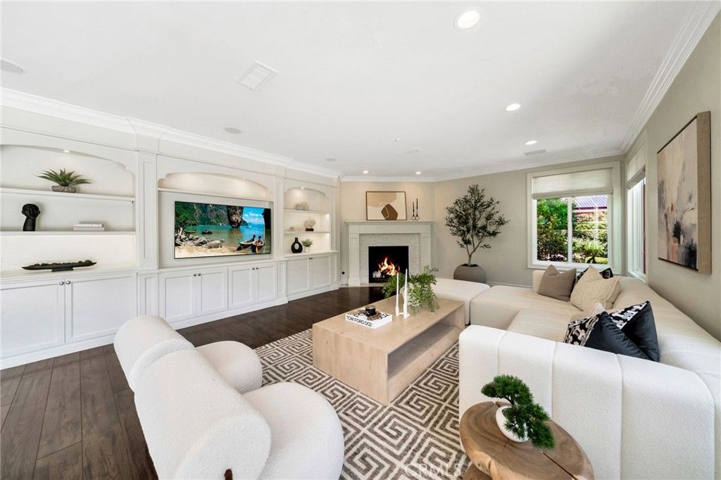 Fireplace, Interior, Living room, Recessed Lighting, Wood Texture Flooring