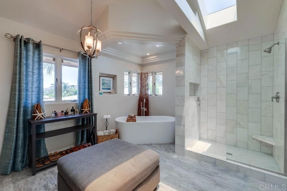 Bathroom, Free Standing Baths, Glass Shower, Interior, Marble, Pendant Lights, Recessed Lighting