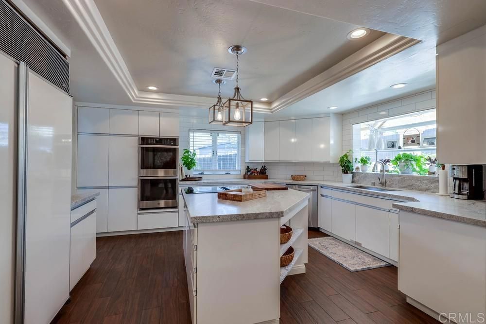 Interior, Kitchen, Pendant Lights, Recessed Lighting, Stainless Steel Appliances, Wood Texture Flooring