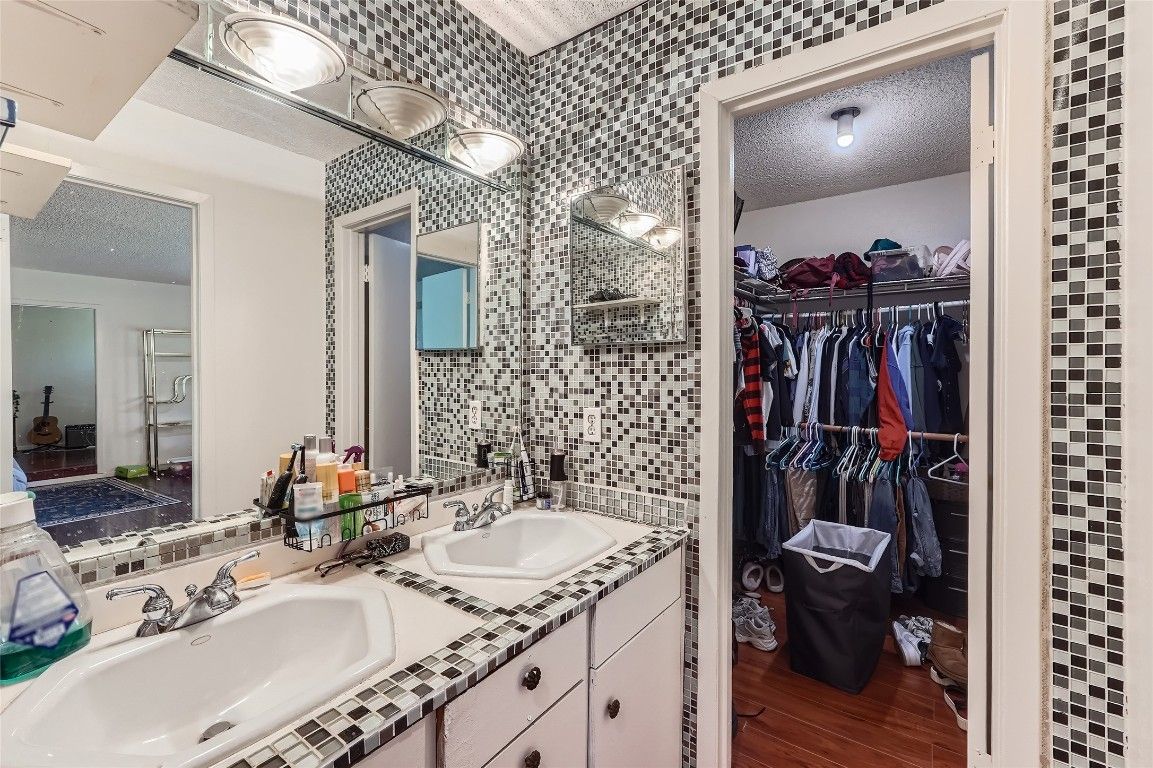 Bathroom, Dual Sink Vanities, Interior, Tile Countertops, Wood Texture Flooring