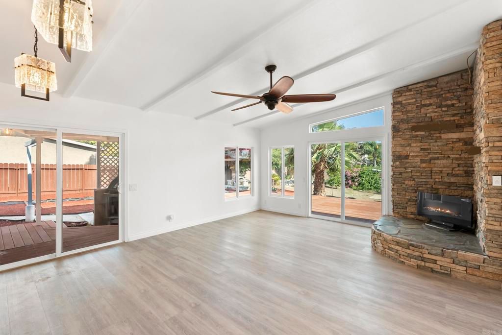 Empty room, Fireplace, Interior, Stone Walls, Wood Texture Flooring
