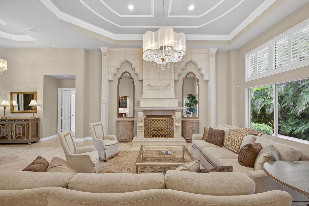 Chandelier, Fireplace, Interior, Living room, Recessed Lighting