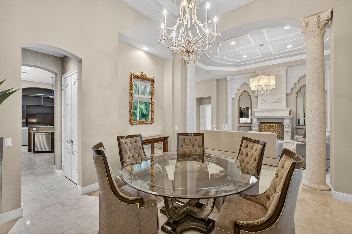Chandelier, Dining room, Fireplace, Interior, Kitchen, Recessed Lighting