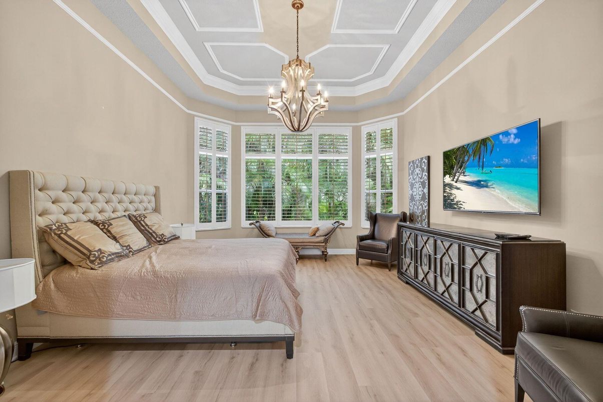 Bedroom, Chandelier, Interior, Wood Texture Flooring