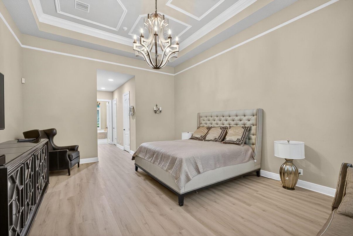 Bedroom, Chandelier, Interior, Recessed Lighting, Wood Texture Flooring