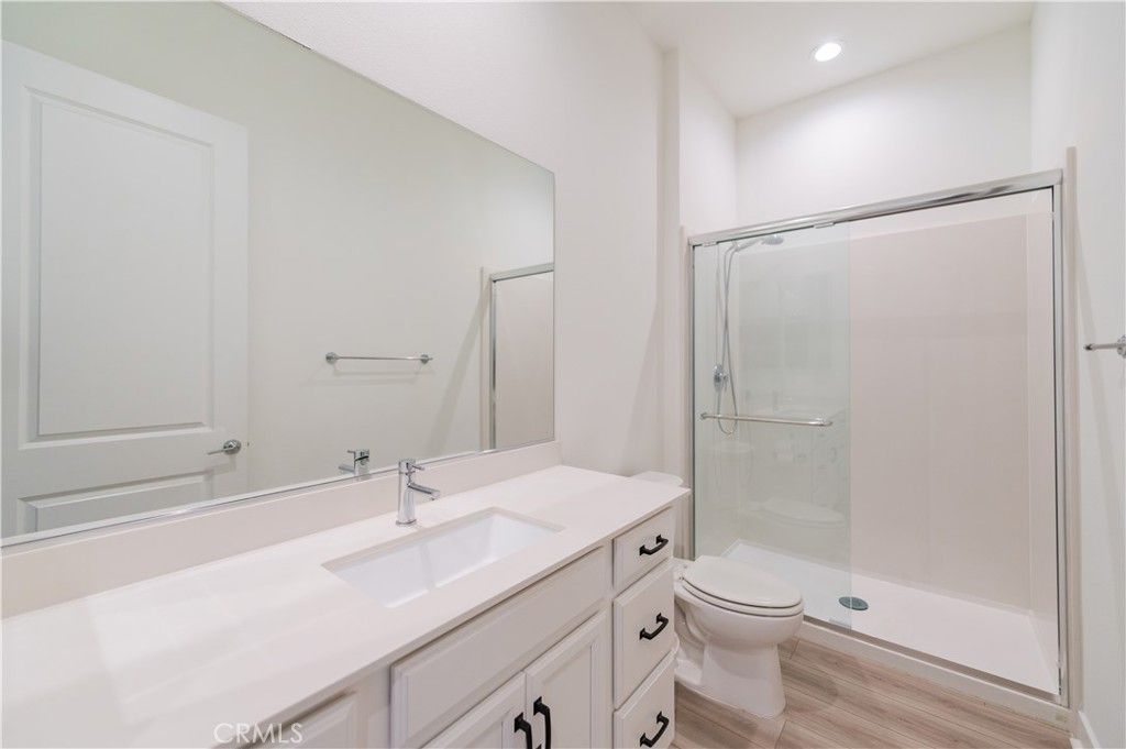 Bathroom, Glass Shower, Interior, Recessed Lighting, Wood Texture Flooring