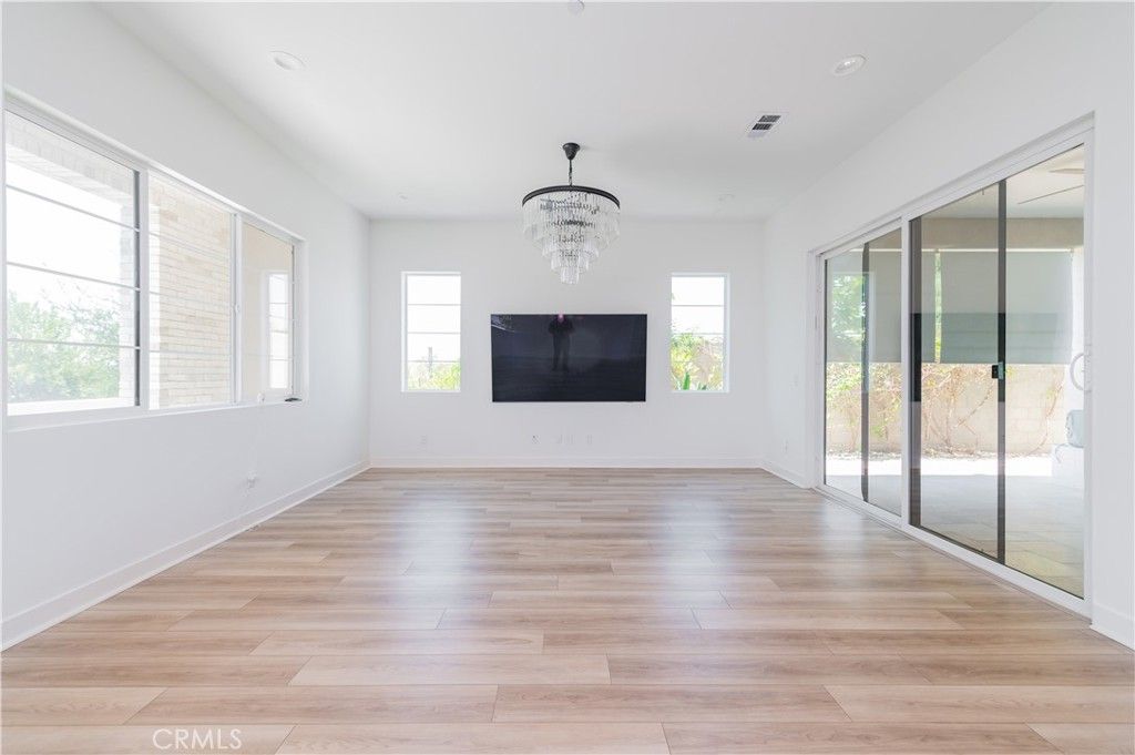 Chandelier, Empty room, Interior, Recessed Lighting, Wood Texture Flooring