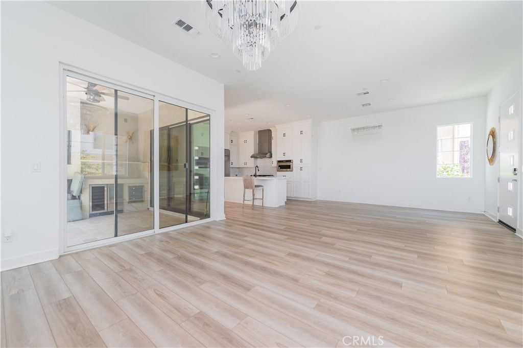 Chandelier, Empty room, Interior, Kitchen, Recessed Lighting, Wood Texture Flooring