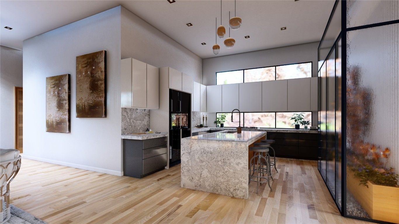 Interior, Kitchen, Pendant Lights, Recessed Lighting, Wood Texture Flooring