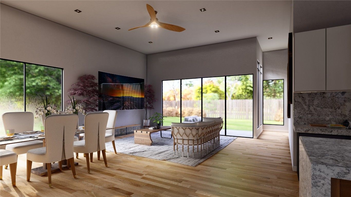 Dining room, Interior, Recessed Lighting, Wood Texture Flooring