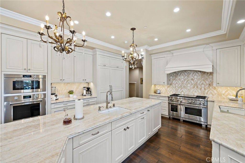 Chandelier, Interior, Kitchen, Recessed Lighting, Stainless Steel Appliances, Wood Texture Flooring
