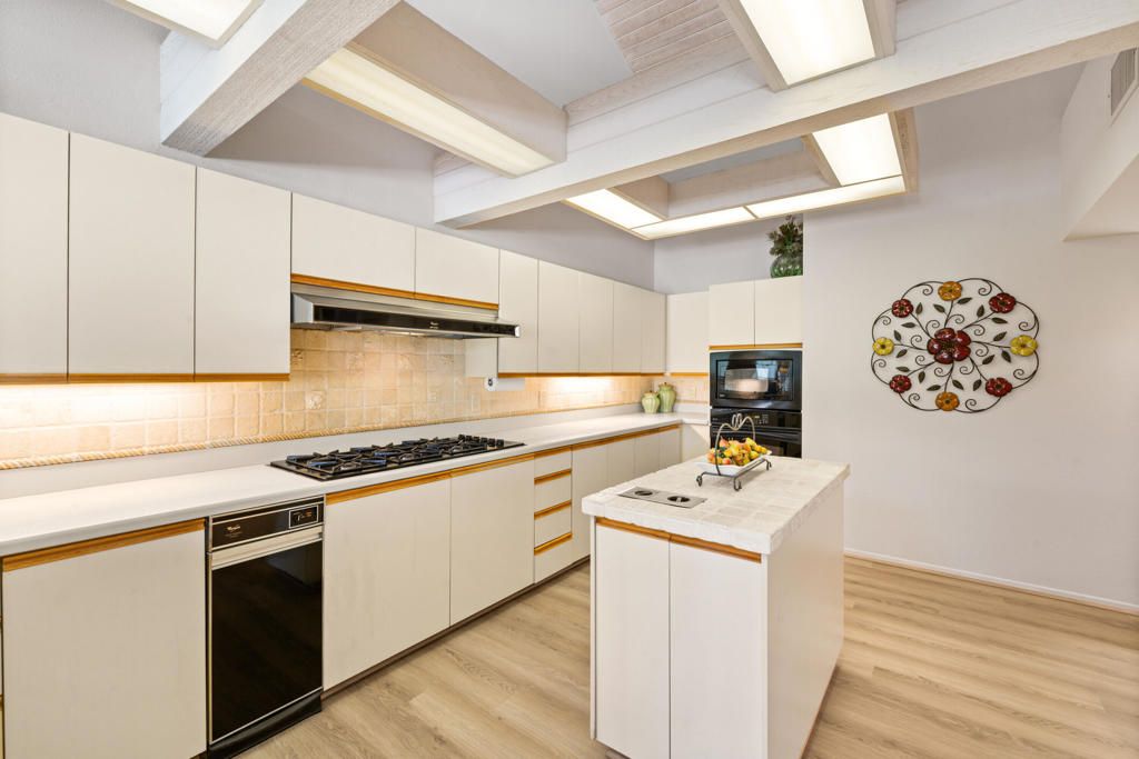 Interior, Kitchen, Tile Countertops, Wood Texture Flooring