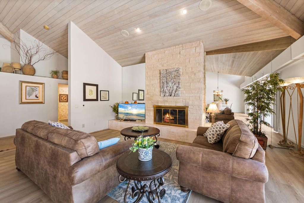 Fireplace, Interior, Living room, Pendant Lights, Recessed Lighting, Stone Walls, Wooden Beams, Wooden Ceilings, Wood Texture Flooring
