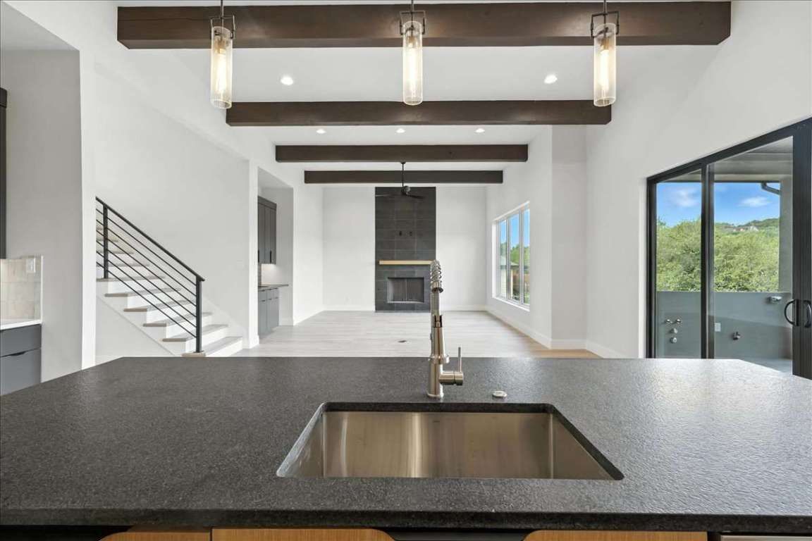 Fireplace, Interior, Pendant Lights, Recessed Lighting, Wooden Beams