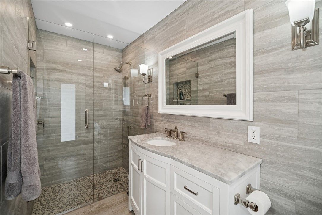 Bathroom, Glass Shower, Interior, Recessed Lighting, Wood Texture Flooring