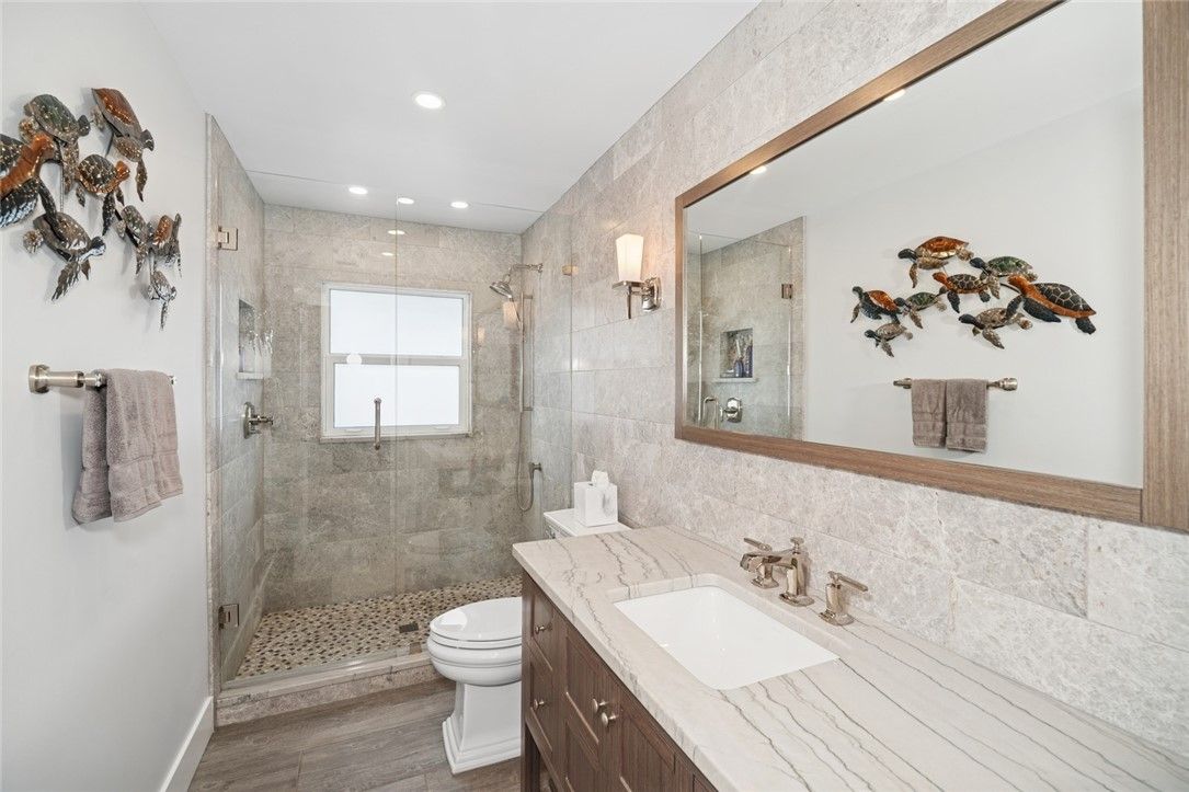 Bathroom, Glass Shower, Interior, Recessed Lighting, Wood Texture Flooring