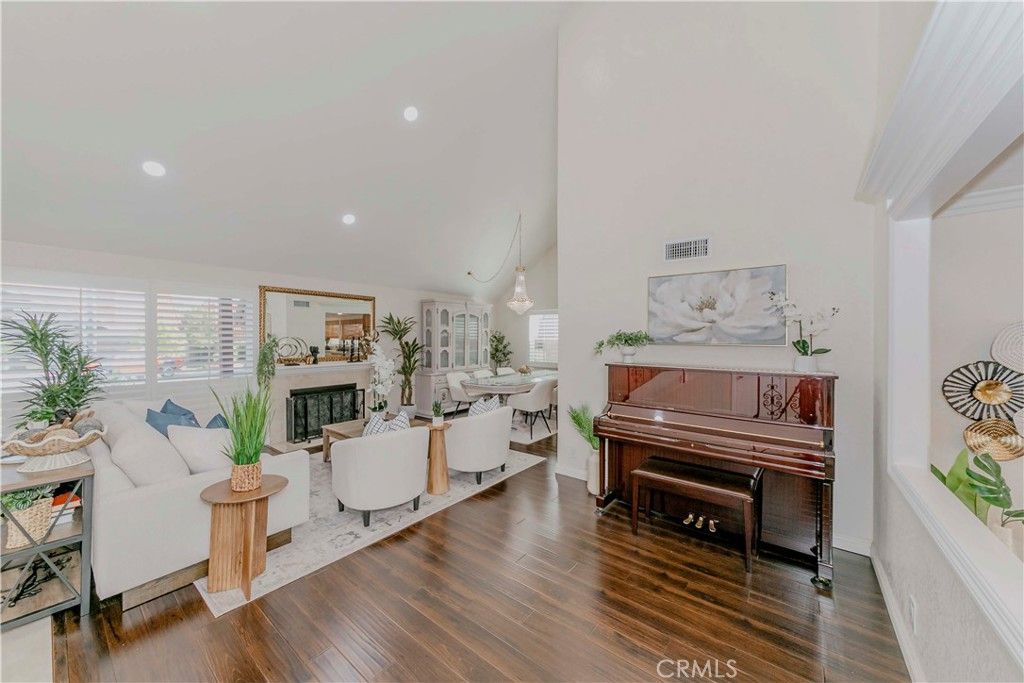 Dining room, Fireplace, Interior, Living room, Pendant Lights, Piano, Recessed Lighting, Wood Texture Flooring