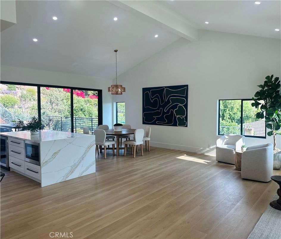 Dining room, Interior, Pendant Lights, Recessed Lighting, Wood Texture Flooring
