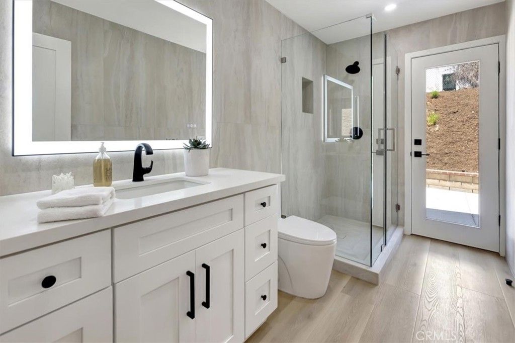 Bathroom, Glass Shower, Interior, Recessed Lighting, Wood Texture Flooring