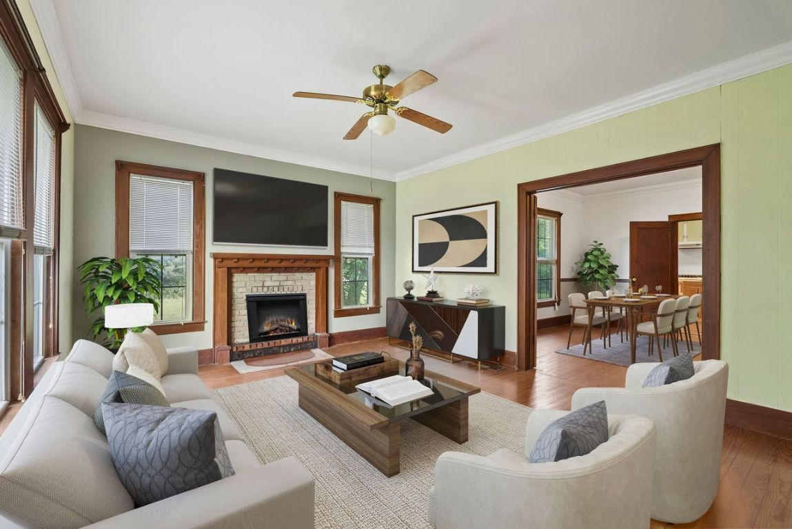 Dining room, Fireplace, Interior, Living room, Wood Texture Flooring