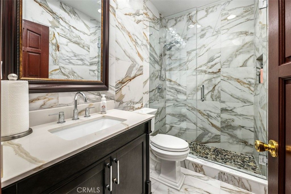 Bathroom, Glass Shower, Interior, Marble, Marble Walls, Recessed Lighting
