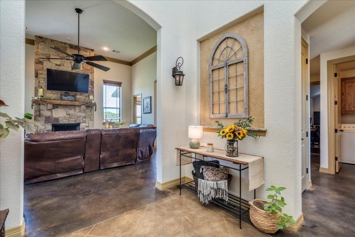 Fireplace, Interior, Living room, Recessed Lighting, Stone Walls