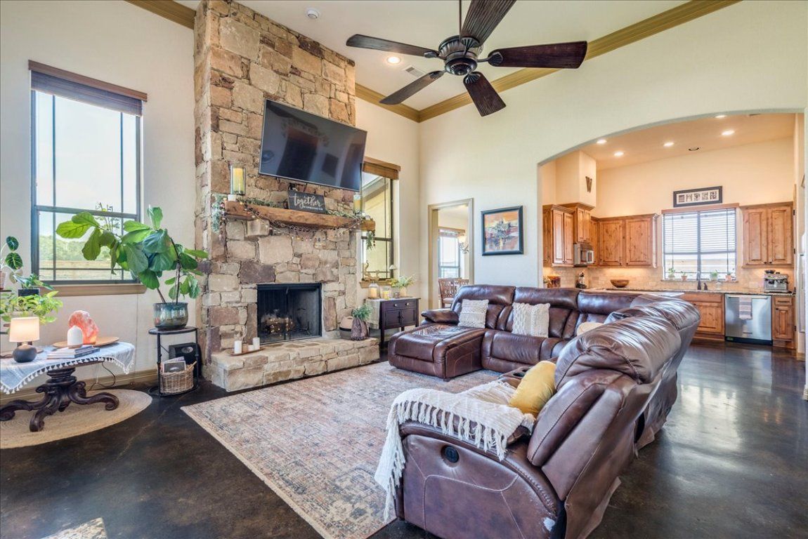 Fireplace, Interior, Kitchen, Living room, Recessed Lighting, Stone Walls