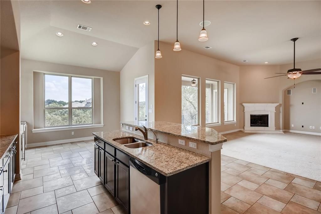 Fireplace, Interior, Kitchen, Pendant Lights, Recessed Lighting