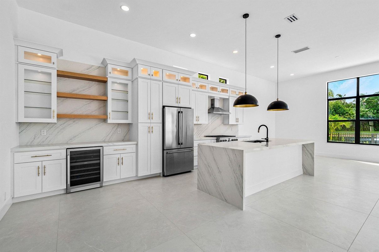 Interior, Kitchen, Marble Walls, Pendant Lights, Recessed Lighting
