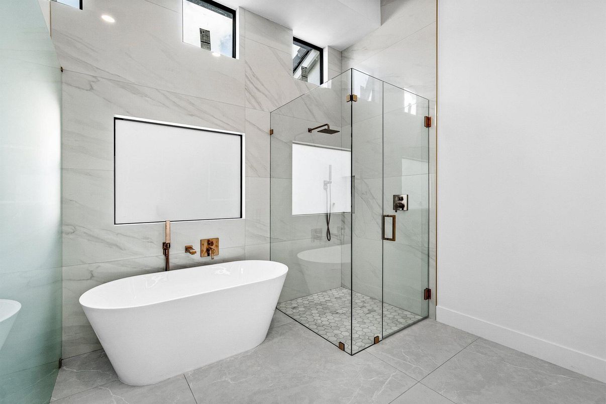 Bathroom, Free Standing Baths, Glass Shower, Interior, Marble Walls, Recessed Lighting