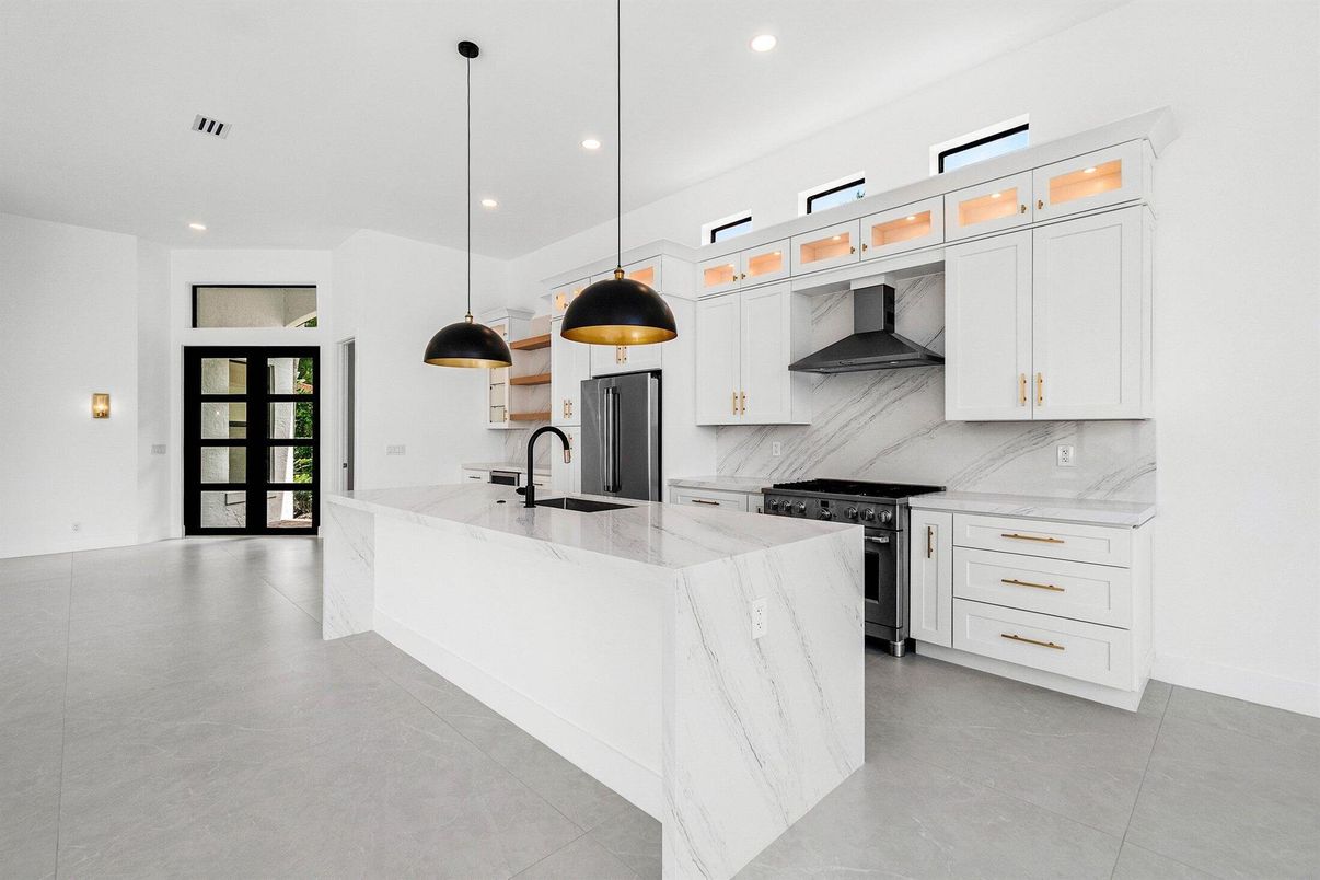 Interior, Kitchen, Marble Walls, Pendant Lights, Recessed Lighting