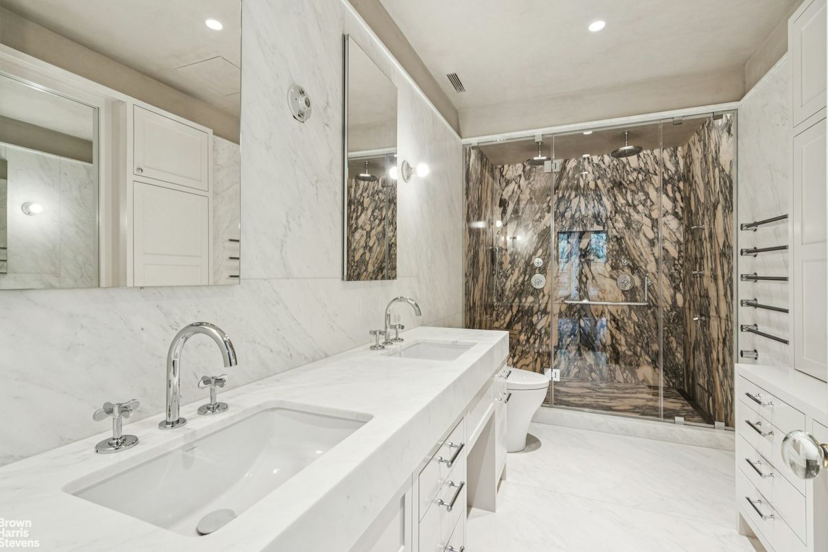 Bathroom, Dual Sink Vanities, Glass Shower, Interior, Marble, Marble Walls, Recessed Lighting