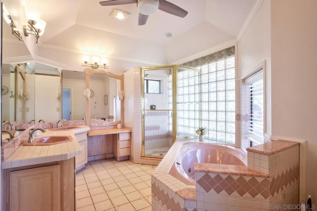 Bathroom, Dual Sink Vanities, Glass Shower, Interior, Recessed Lighting, Tile Countertops